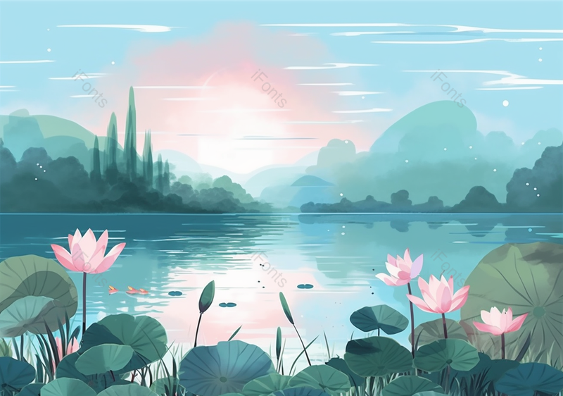 日落唯美中国风意境插画夏季山水荷花池背景,插画/手绘图,插画/手绘图库,插画/手绘图下载,插画/手绘